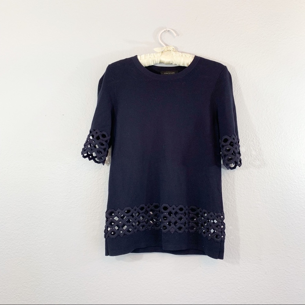 Ann Taylor Navy Blue Knit Top Lace Details